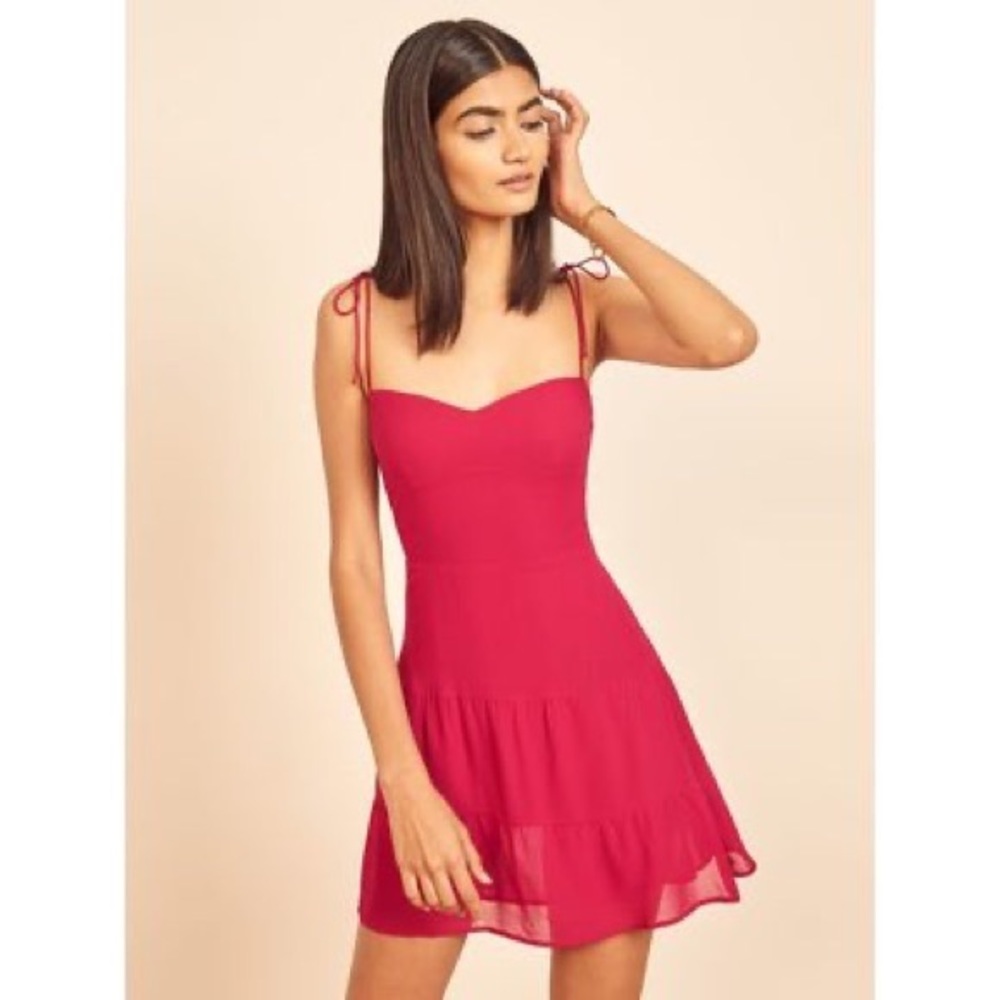 Reformation Othello dress in Rhubarb